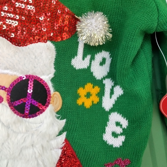 NEW Peace Love Christmas Ugly Christmas Sweater Size Large Hippie Santa Claus - Picture 5 of 6